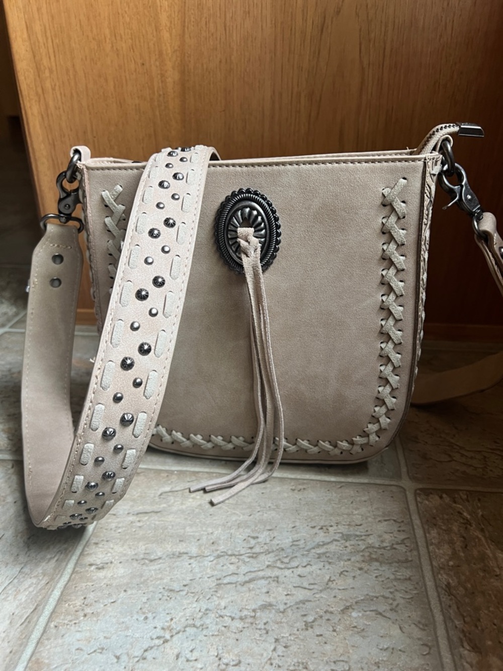Montana West Beige Suede Crossbody with Tassel and Studded Strap